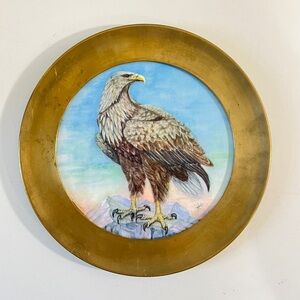 Vintage Brass Framed Rehau Keramik Eagle Tile Wall Plate Signed West Germany